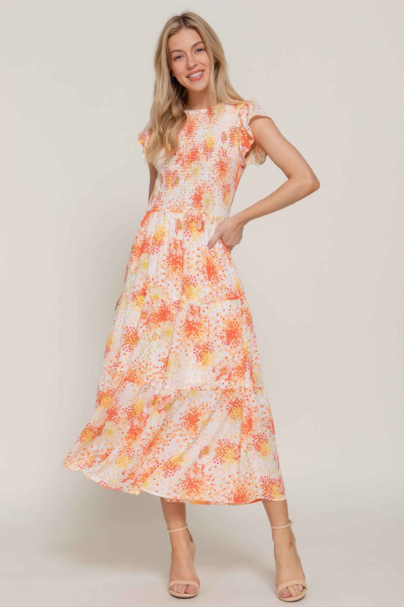 Ruffle Sleeve Midi Dress - Smocked Floral Tiered Skirt
