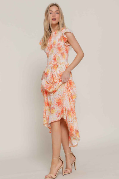 Ruffle Sleeve Midi Dress - Smocked Floral Tiered Skirt
