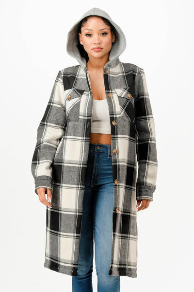 Button Down Long Hooded Plaid Coat - Fashions Envy
