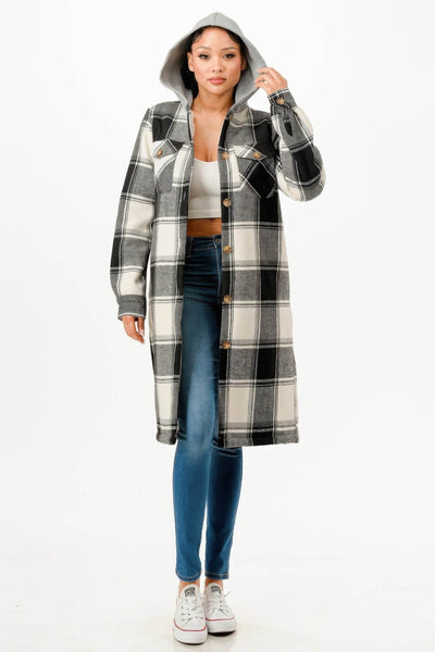 Button Down Long Hooded Plaid Coat - Fashions Envy