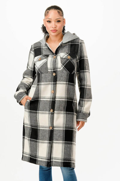 Button Down Long Hooded Plaid Coat - Fashions Envy