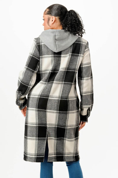 Button Down Long Hooded Plaid Coat - Fashions Envy