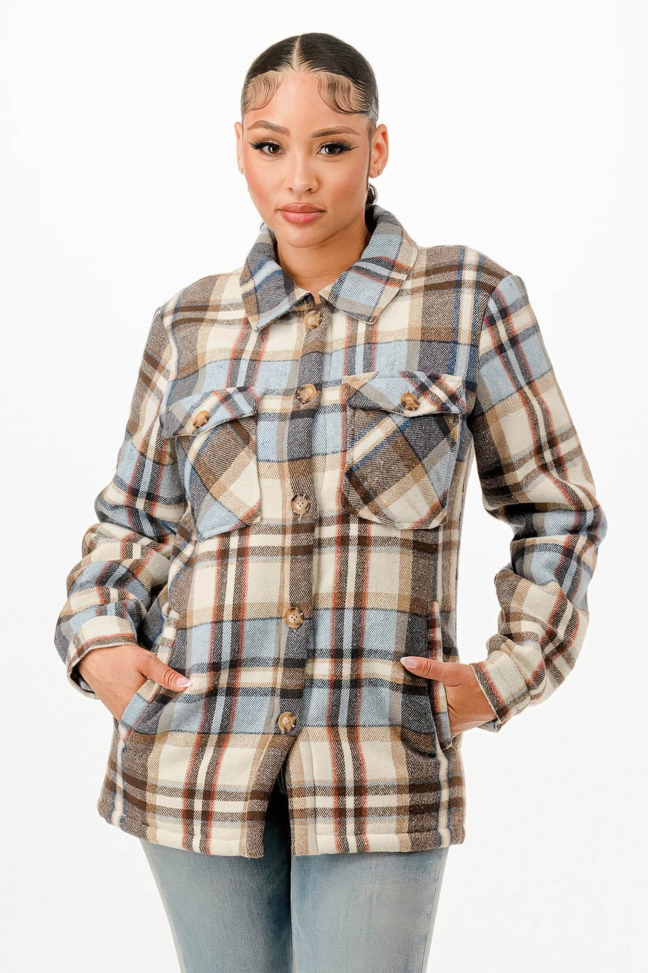 Button Down Sherpa Lined Flannel Warm Jacket - Fashions Envy