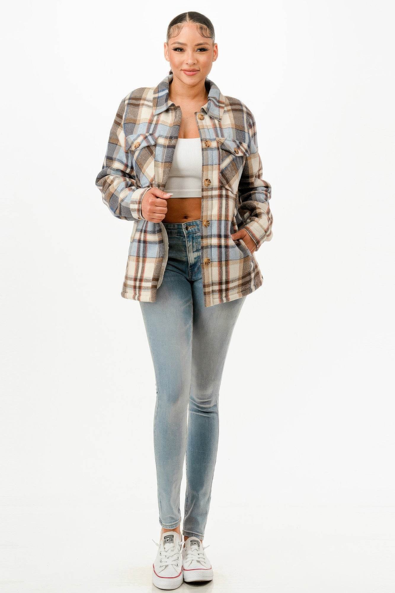 Button Down Sherpa Lined Flannel Warm Jacket - Fashions Envy