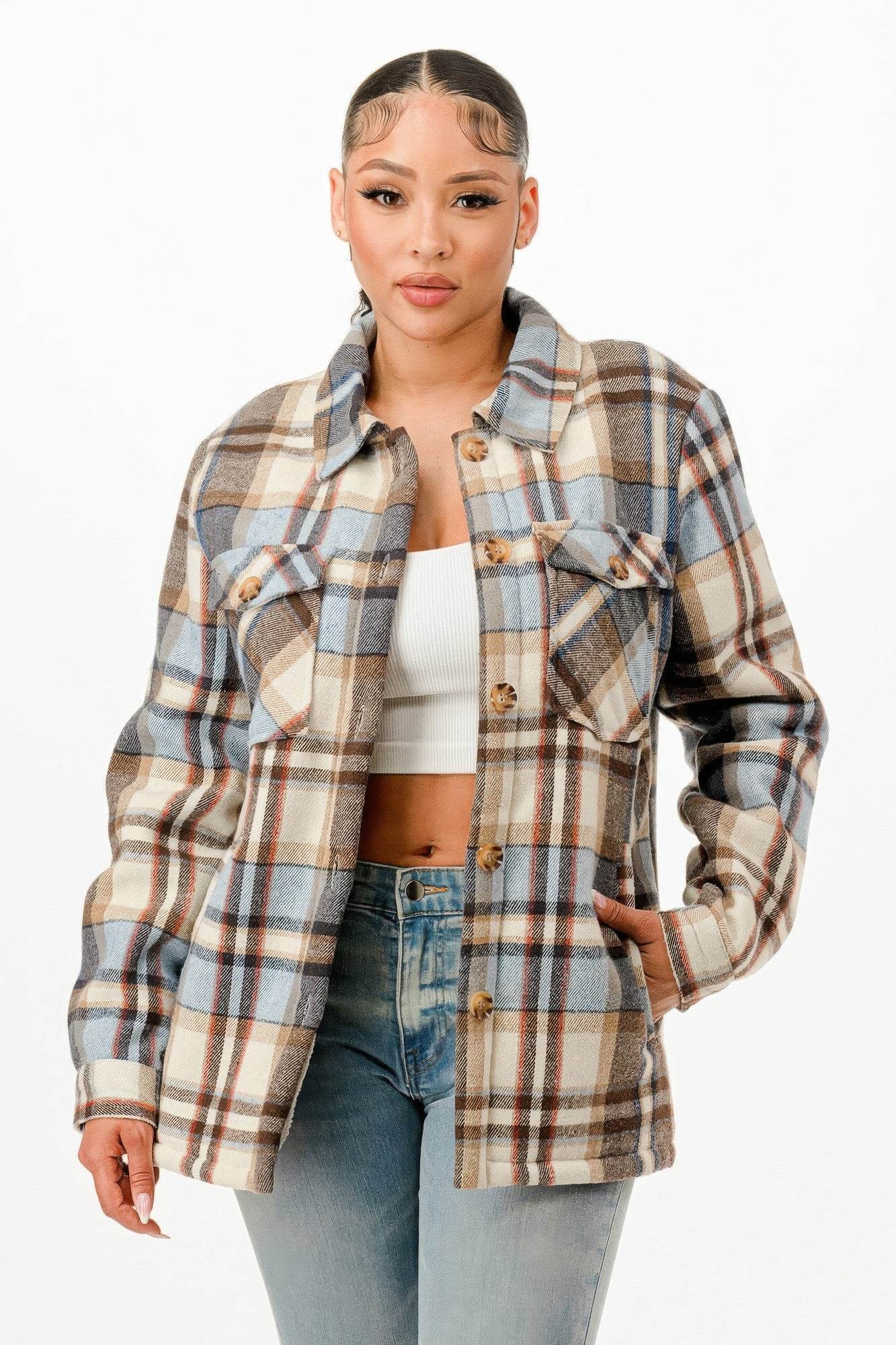 Button Down Sherpa Lined Flannel Warm Jacket - Fashions Envy