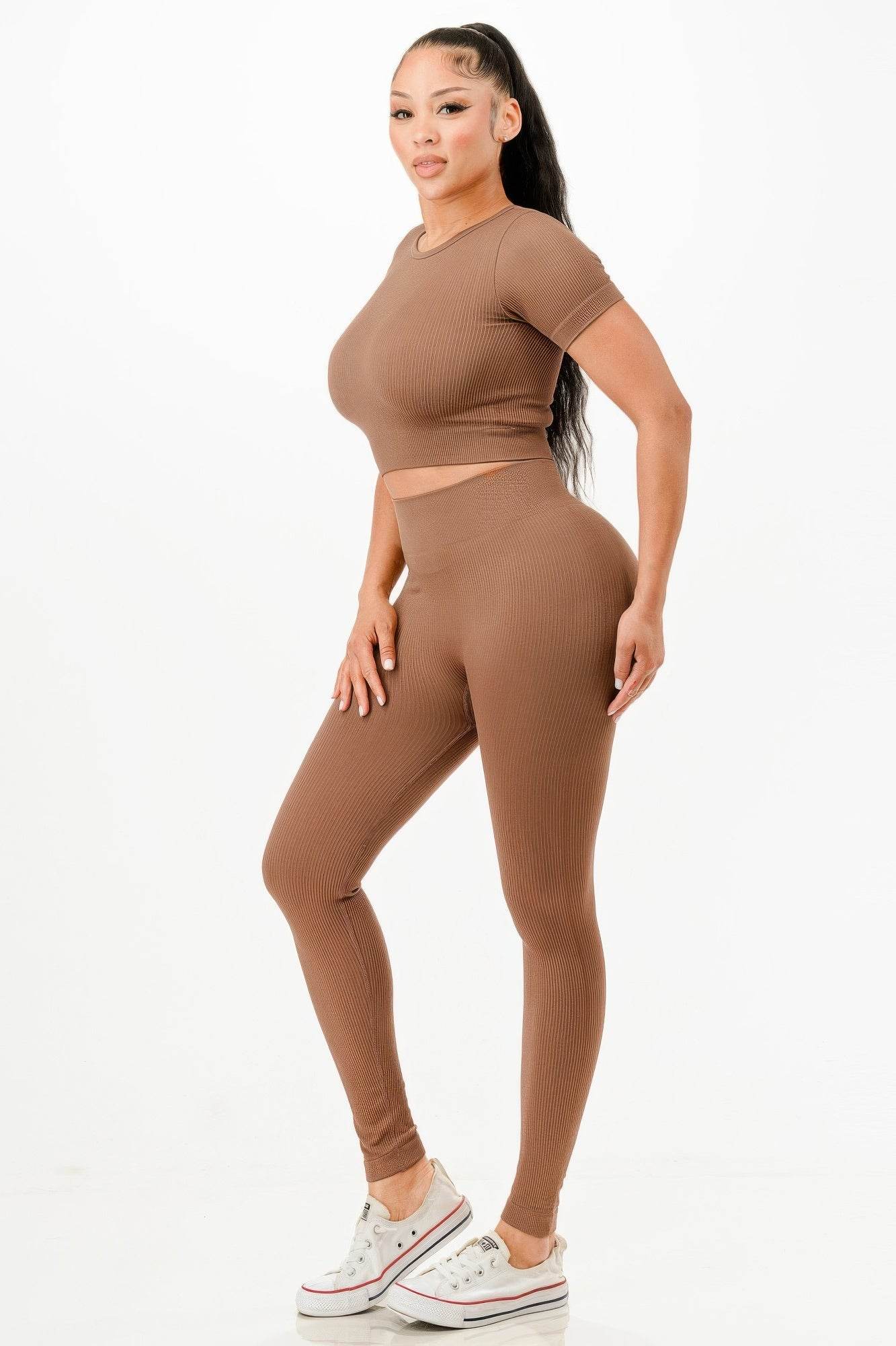 Ribbed Seamless T-shirt And Leggings Set - Fashions Envy