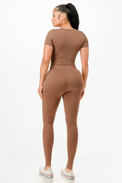 Ribbed Seamless T-shirt And Leggings Set - Fashions Envy