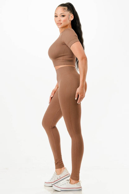 Ribbed Seamless T-shirt And Leggings Set - Fashions Envy