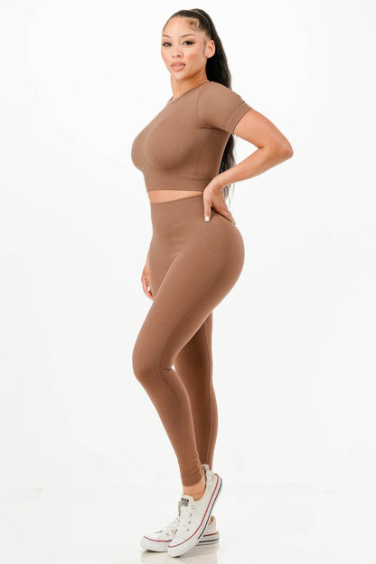 Ribbed Seamless T-shirt And Leggings Set - Fashions Envy