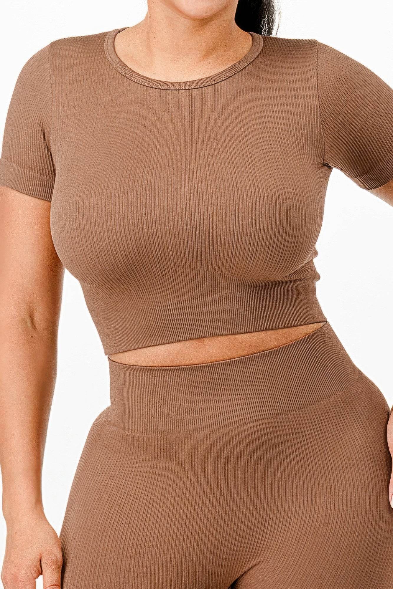 Ribbed Seamless T-shirt And Leggings Set - Fashions Envy