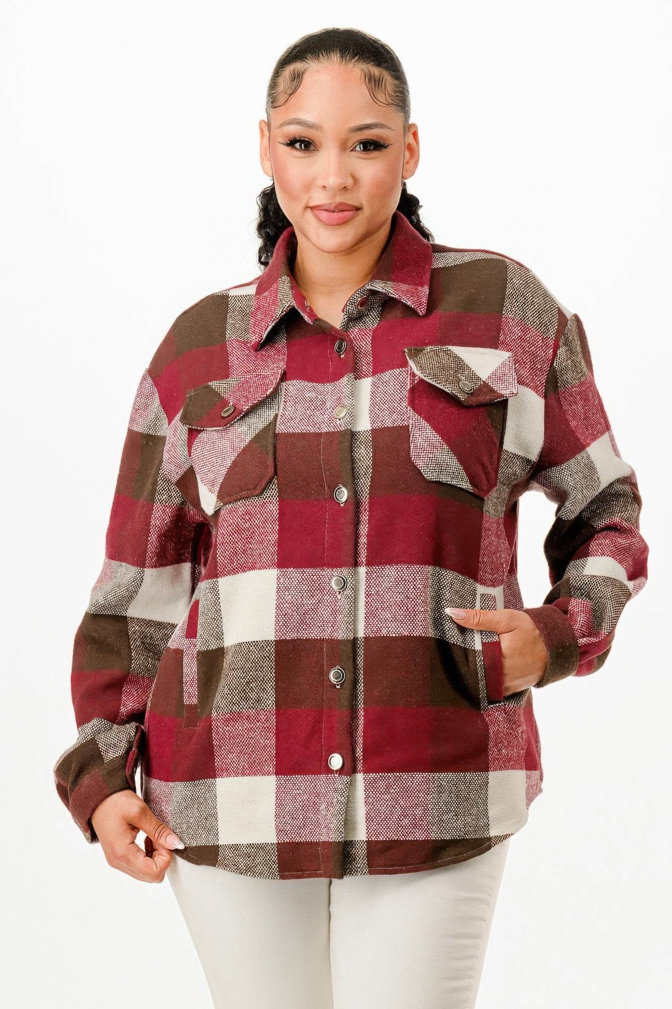 Button Down Relaxed Fit Flannel Jacket - Fashions Envy