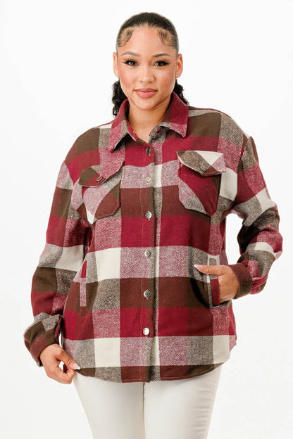 Button Down Relaxed Fit Flannel Jacket - Fashions Envy