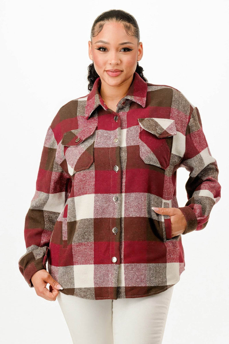 Button Down Relaxed Fit Flannel Jacket - Fashions Envy