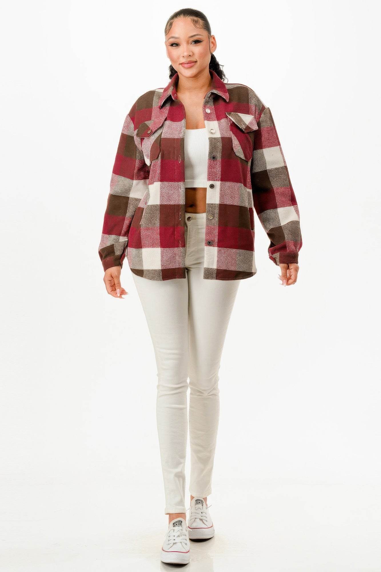 Button Down Relaxed Fit Flannel Jacket - Fashions Envy