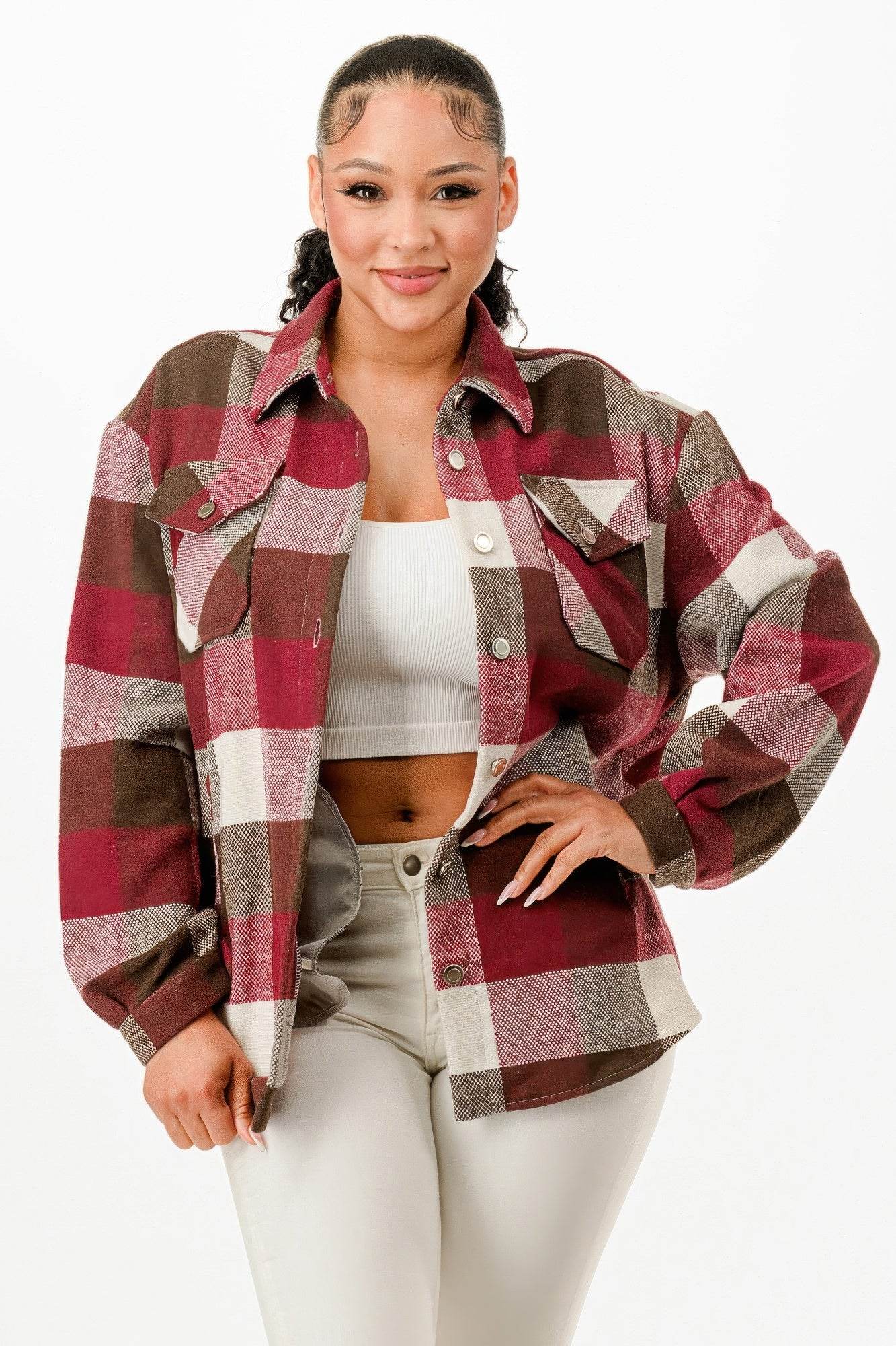 Button Down Relaxed Fit Flannel Jacket - Fashions Envy