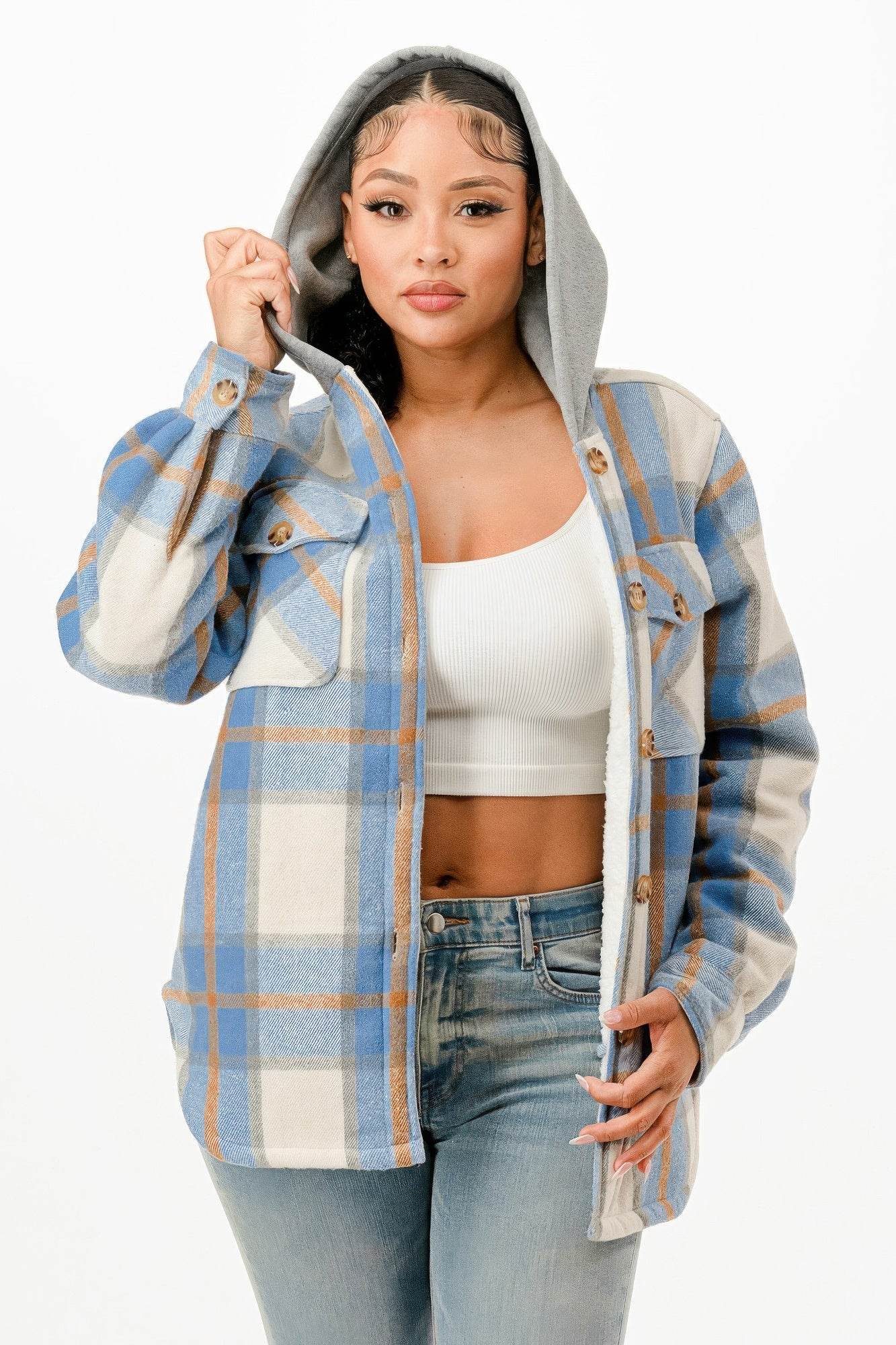 Classic Button Down Hooded Plaid Jacket - Fashions Envy