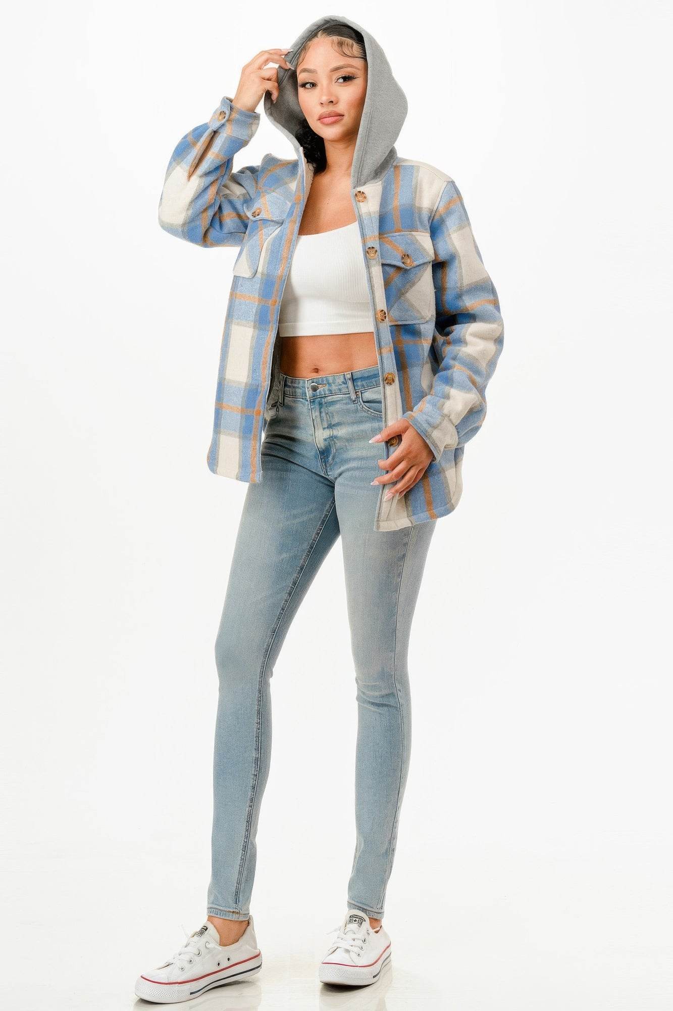 Classic Button Down Hooded Plaid Jacket - Fashions Envy