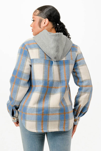 Classic Button Down Hooded Plaid Jacket - Fashions Envy