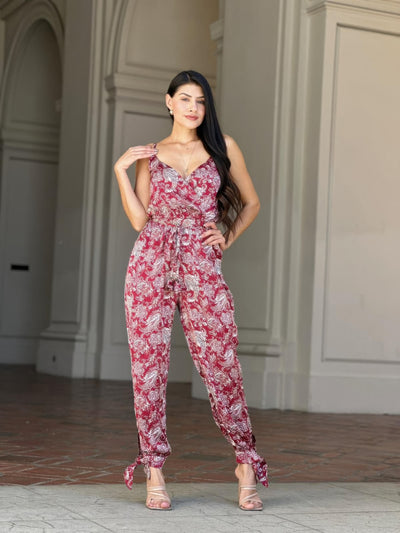 V-Neck Sleeveless Jumpsuit - Paisley Tie Waist & Ankle - Fashions Envy