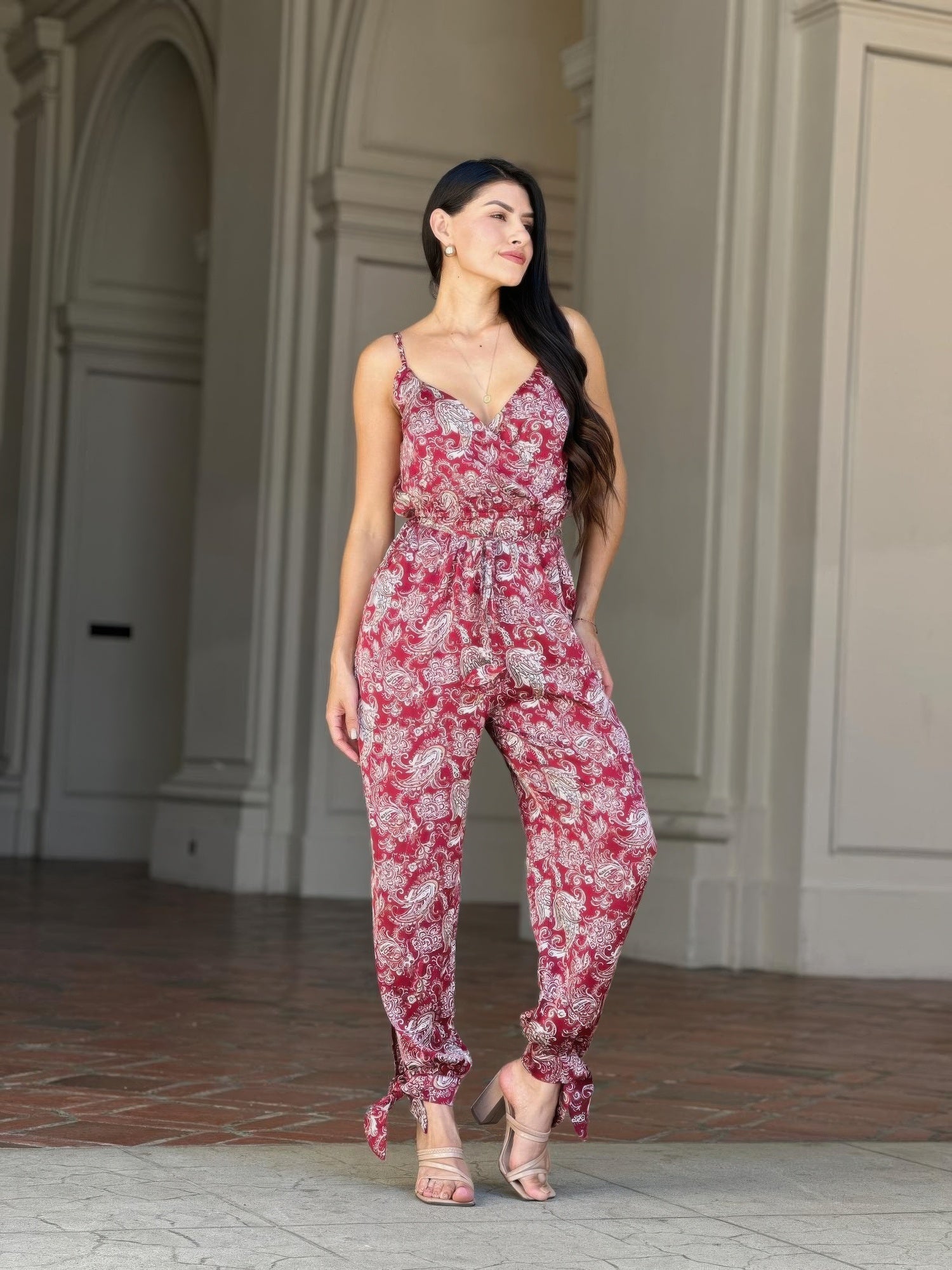 V-Neck Sleeveless Jumpsuit - Paisley Tie Waist & Ankle - Fashions Envy