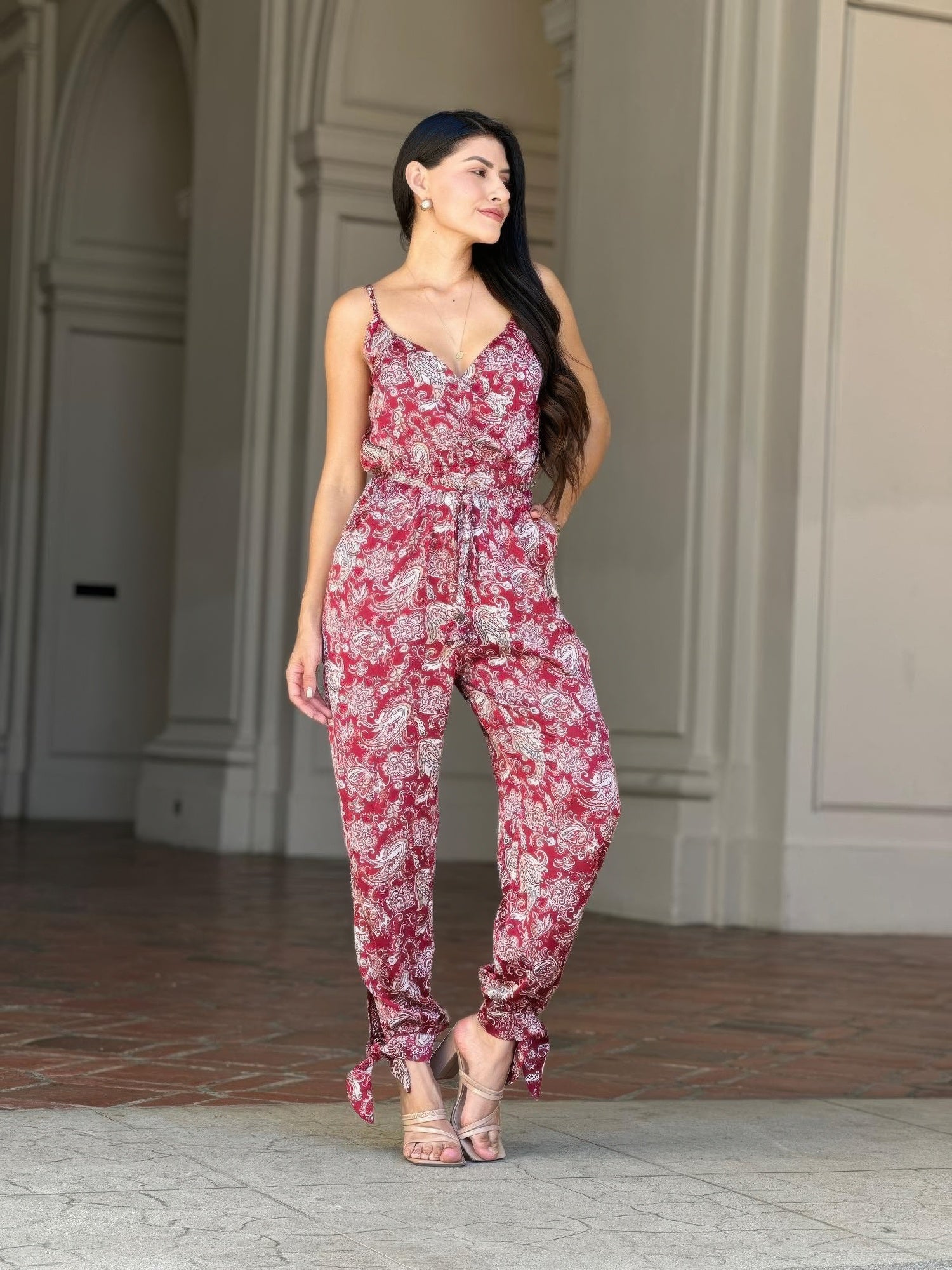 V-Neck Sleeveless Jumpsuit - Paisley Tie Waist & Ankle - Fashions Envy
