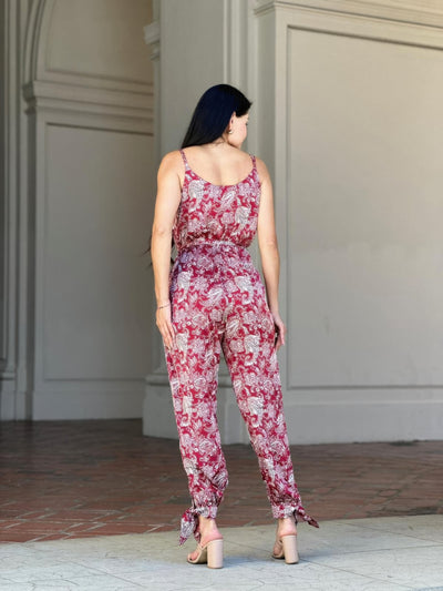 V-Neck Sleeveless Jumpsuit - Paisley Tie Waist & Ankle - Fashions Envy