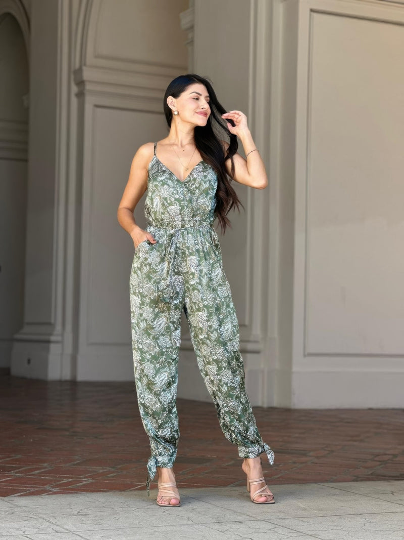 V-Neck Sleeveless Jumpsuit - Paisley Tie Waist & Ankle - Fashions Envy