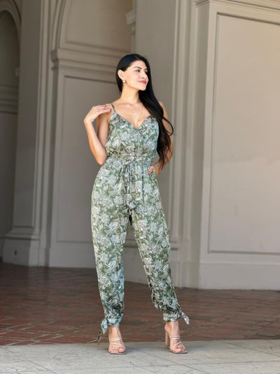 V-Neck Sleeveless Jumpsuit - Paisley Tie Waist & Ankle - Fashions Envy