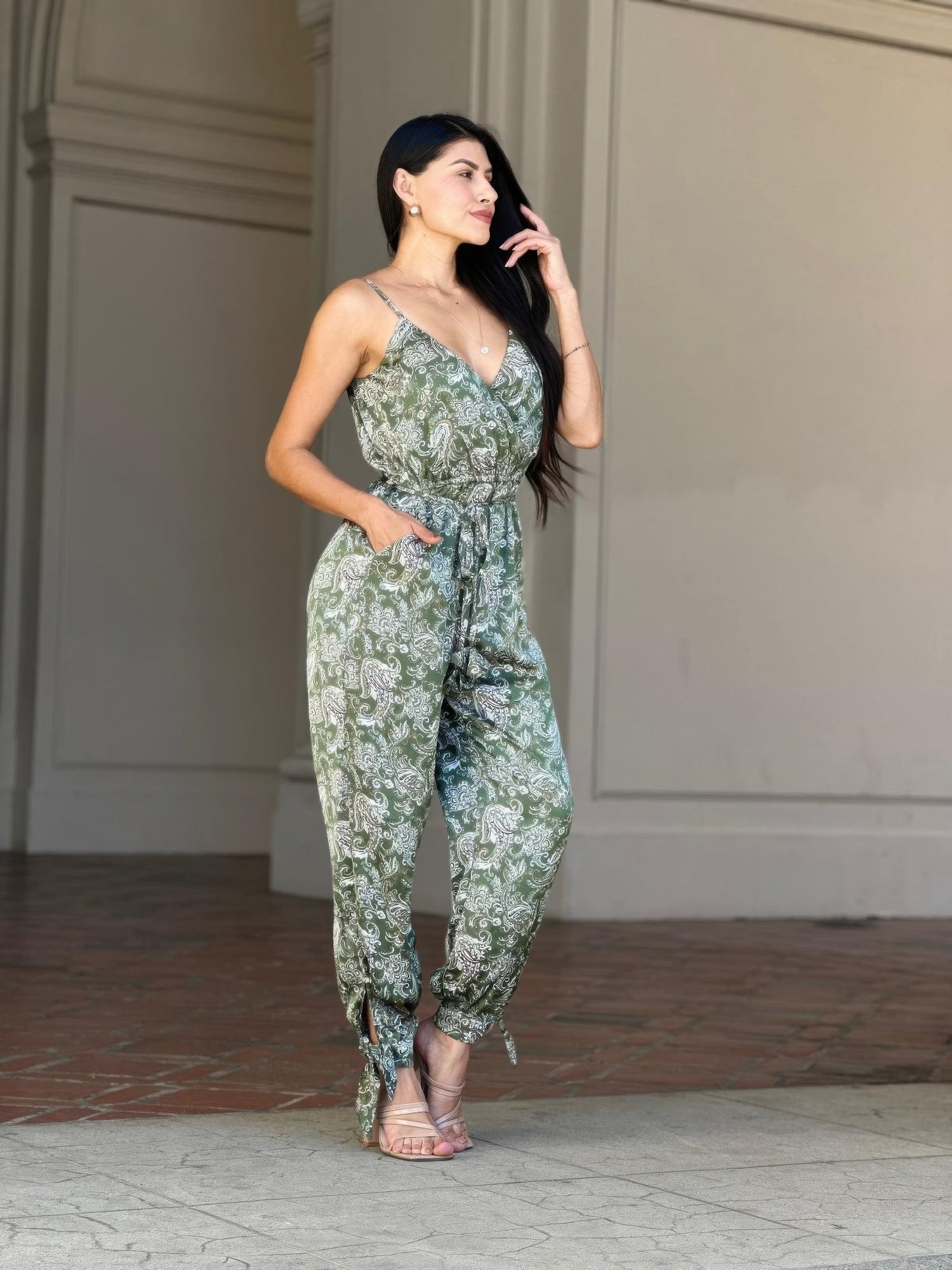 V-Neck Sleeveless Jumpsuit - Paisley Tie Waist & Ankle - Fashions Envy
