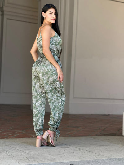 V-Neck Sleeveless Jumpsuit - Paisley Tie Waist & Ankle - Fashions Envy