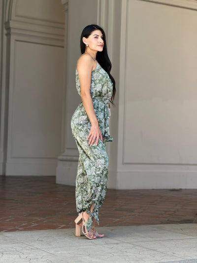 V-Neck Sleeveless Jumpsuit - Paisley Tie Waist & Ankle - Fashions Envy