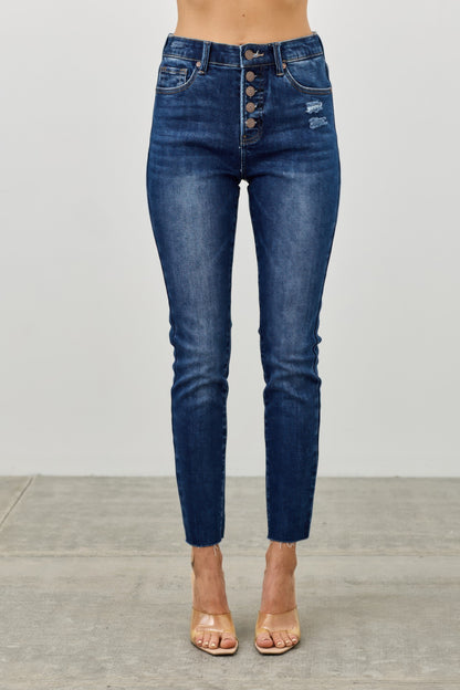 High Rise Ankle Skinny Jeans - Button Fly Stretch Denim - Fashions Envy