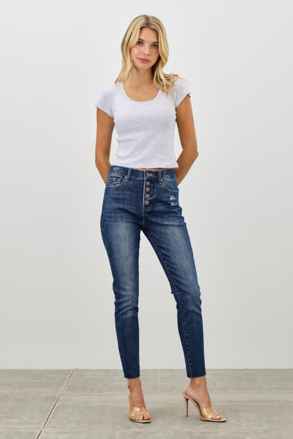 High Rise Ankle Skinny Jeans - Button Fly Stretch Denim - Fashions Envy
