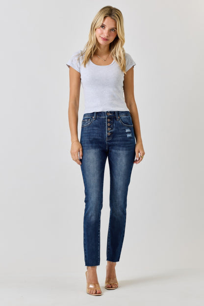 High Rise Ankle Skinny Jeans - Button Fly Stretch Denim - Fashions Envy