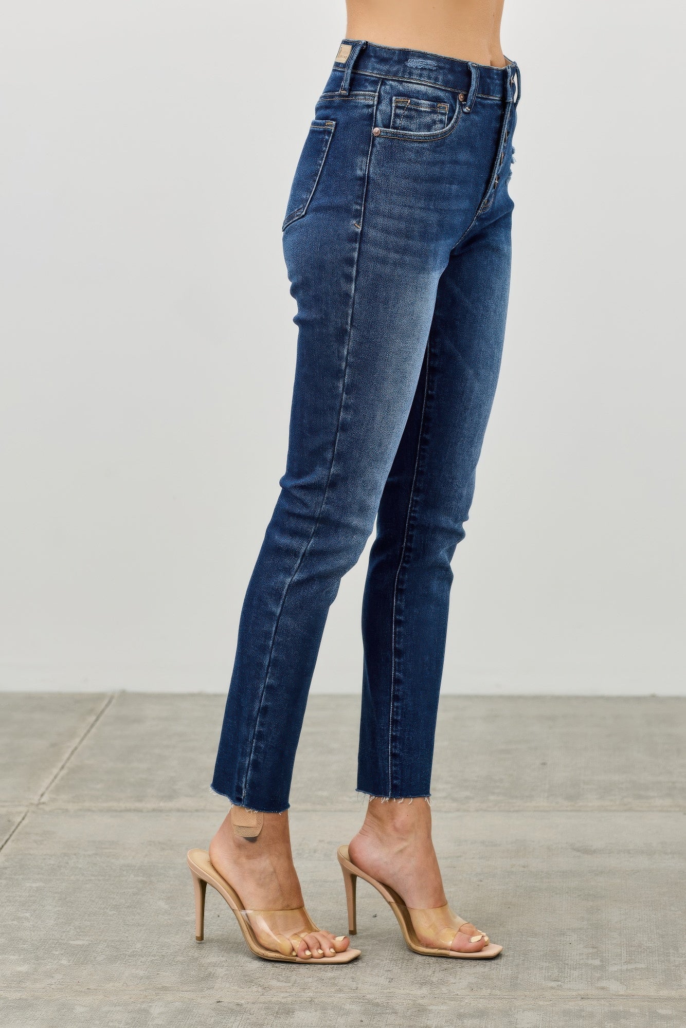 High Rise Ankle Skinny Jeans - Button Fly Stretch Denim - Fashions Envy