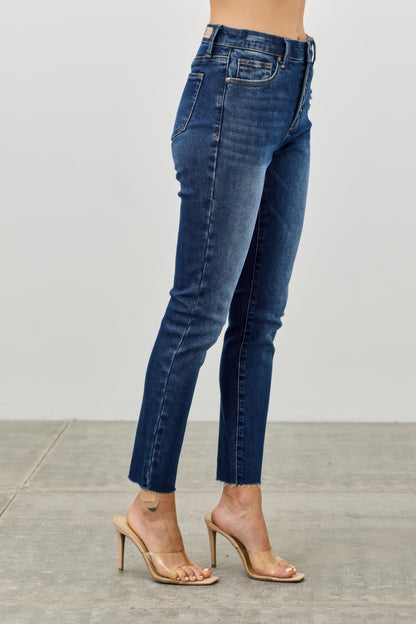 High Rise Ankle Skinny Jeans - Button Fly Stretch Denim - Fashions Envy