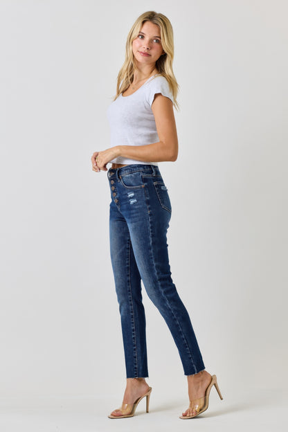 High Rise Ankle Skinny Jeans - Button Fly Stretch Denim - Fashions Envy
