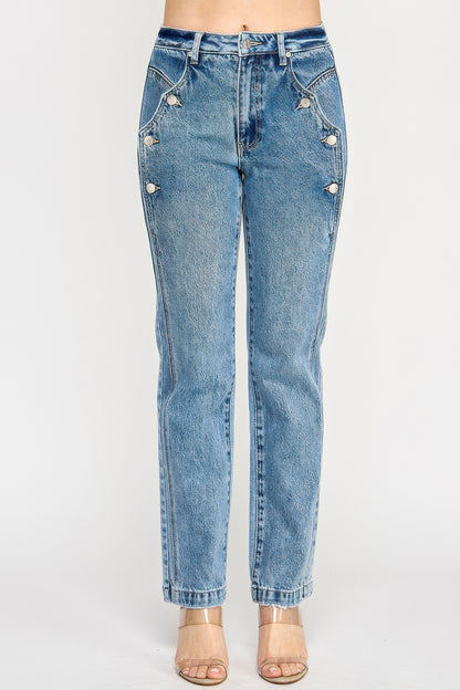 High Rise Dad Jeans - Scallop Pocket Relaxed Fit - Fashions Envy