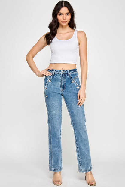 High Rise Dad Jeans - Scallop Pocket Relaxed Fit - Fashions Envy