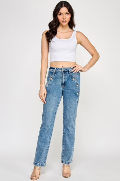 High Rise Dad Jeans - Scallop Pocket Relaxed Fit - Fashions Envy