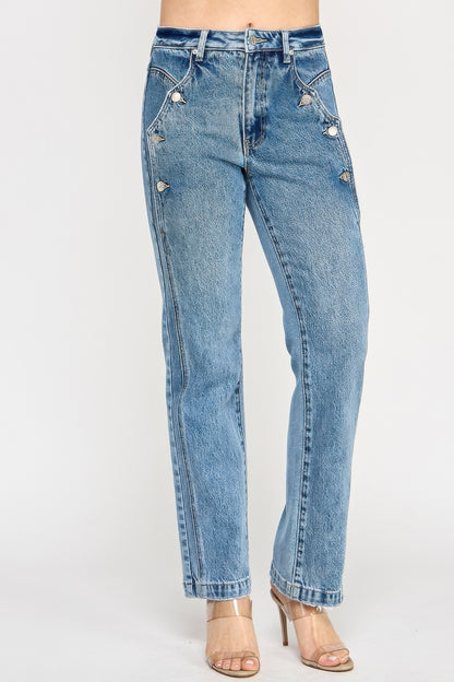 High Rise Dad Jeans - Scallop Pocket Relaxed Fit - Fashions Envy
