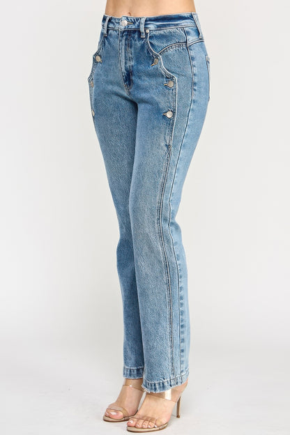 High Rise Dad Jeans - Scallop Pocket Relaxed Fit - Fashions Envy