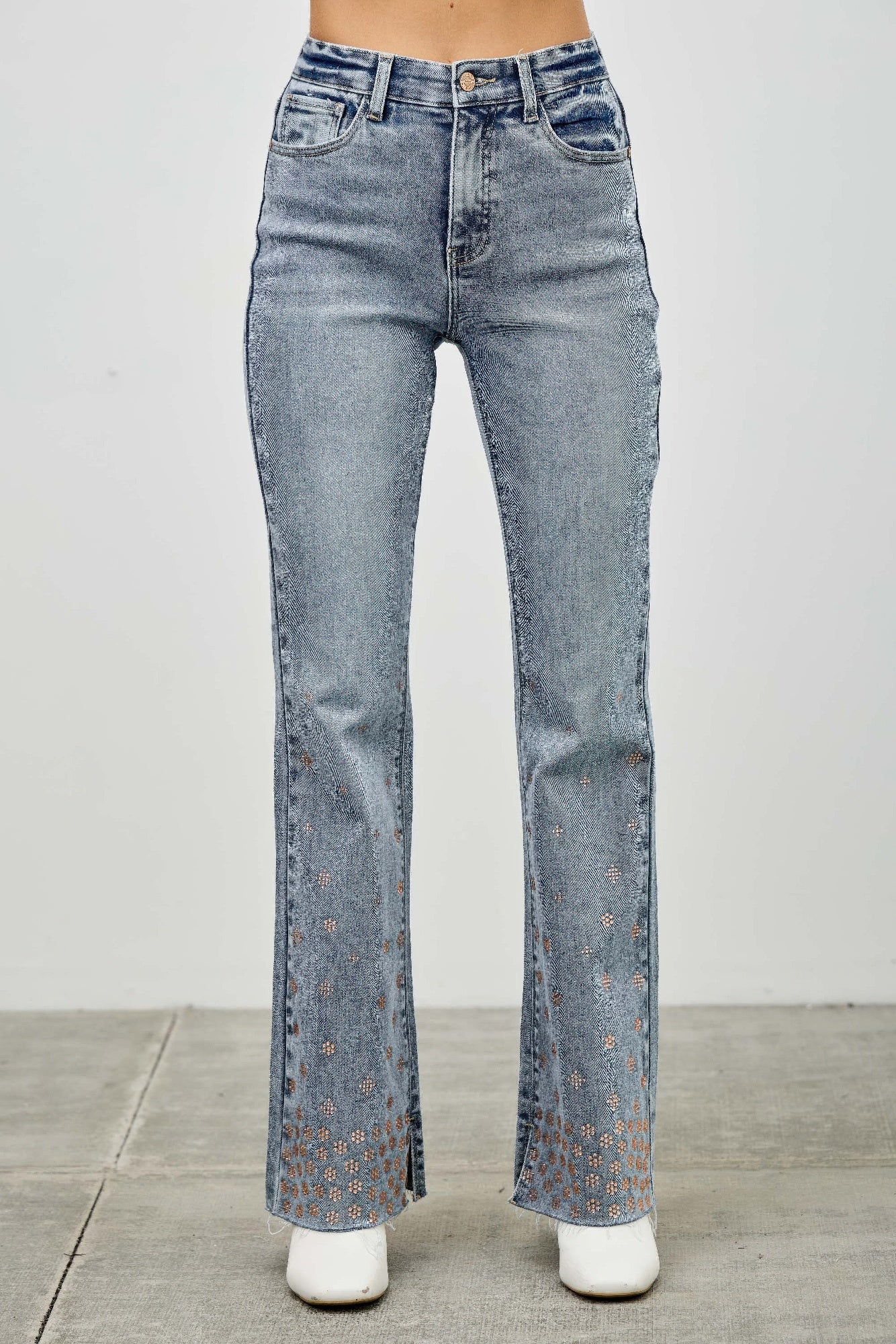 High Rise Kick Flare Jeans - Rhinestone Embellished Denim - Fashions Envy