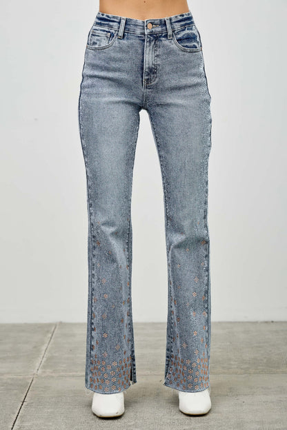 High Rise Kick Flare Jeans - Rhinestone Embellished Denim - Fashions Envy