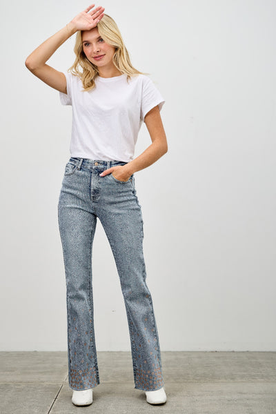High Rise Kick Flare Jeans - Rhinestone Embellished Denim - Fashions Envy