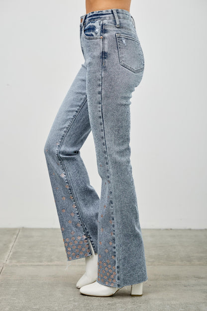 High Rise Kick Flare Jeans - Rhinestone Embellished Denim - Fashions Envy