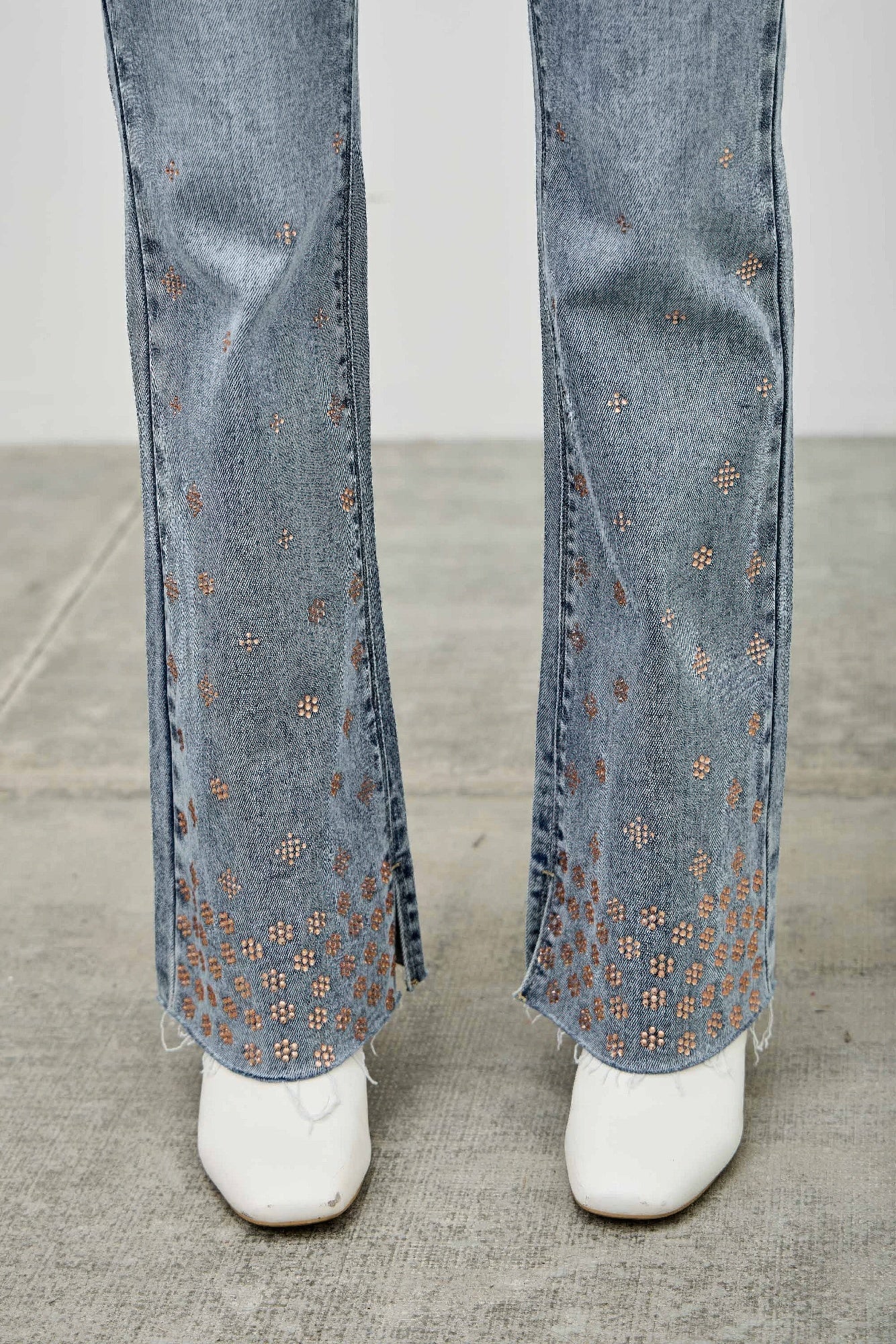 High Rise Kick Flare Jeans - Rhinestone Embellished Denim - Fashions Envy