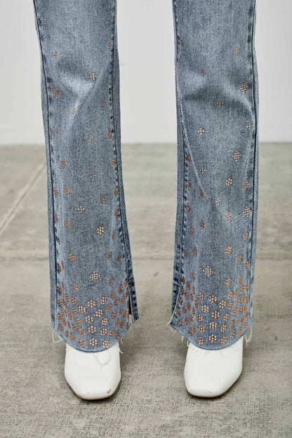 High Rise Kick Flare Jeans - Rhinestone Embellished Denim - Fashions Envy
