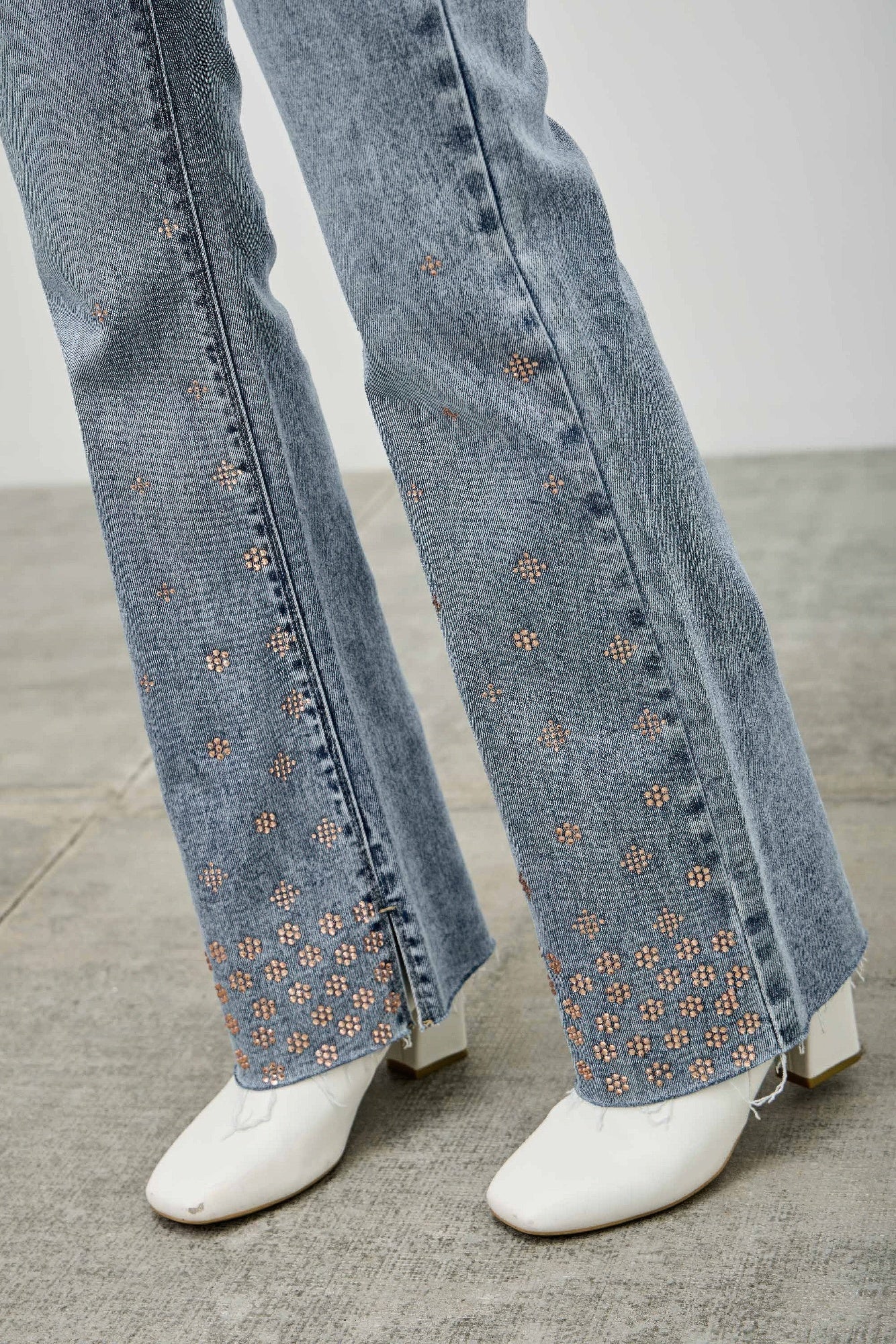 High Rise Kick Flare Jeans - Rhinestone Embellished Denim - Fashions Envy