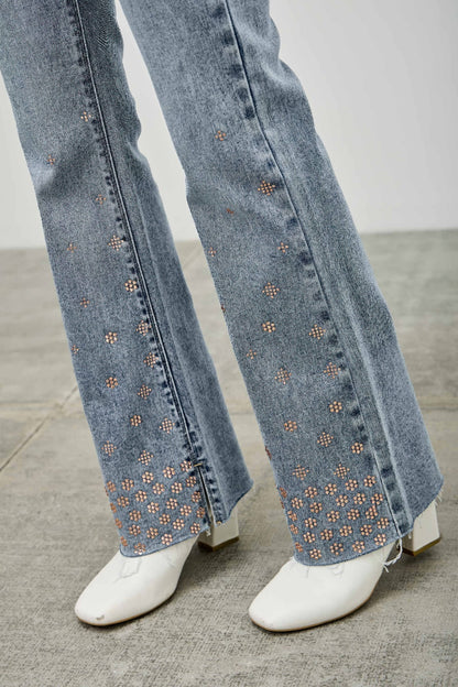 High Rise Kick Flare Jeans - Rhinestone Embellished Denim - Fashions Envy